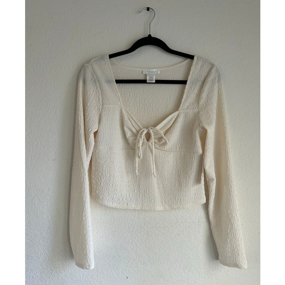 Kirious Los Angeles Cream Cropped Crinkle Long Sleeve Babydoll Peasant Top Large